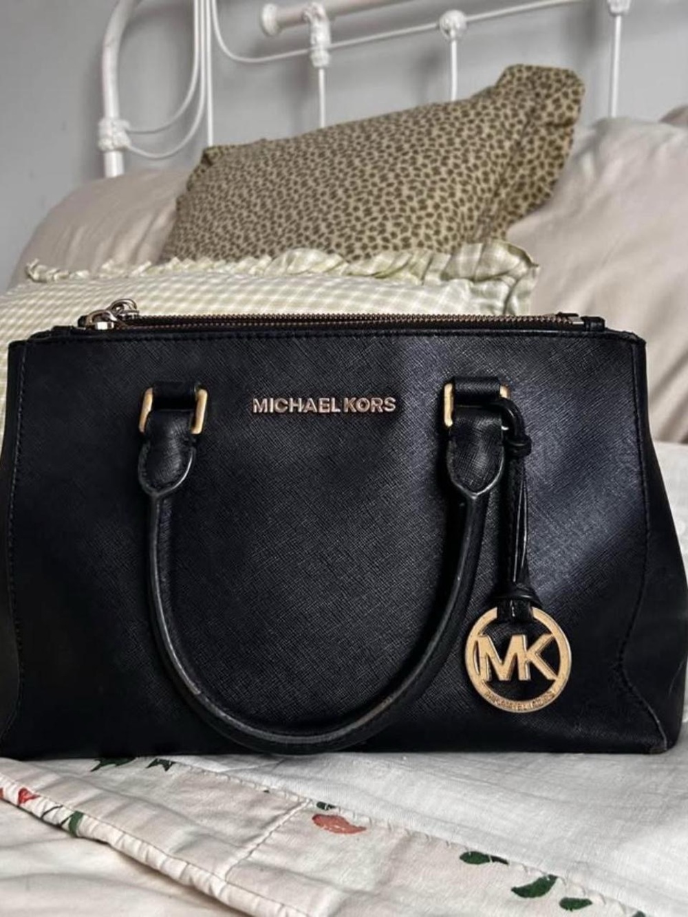 Michael Kors Black Leather Satchel with Gold Hardware